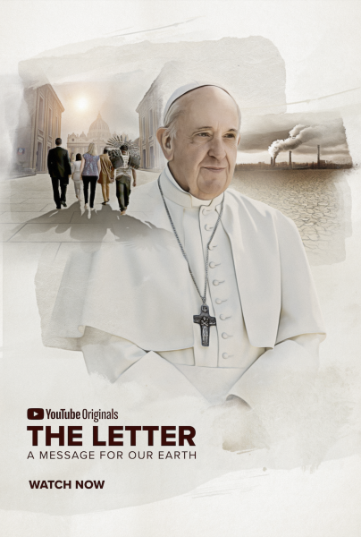 Promotional poster for the film "The Letter" shows Pope Francis in foreground with a group of young adults in background.