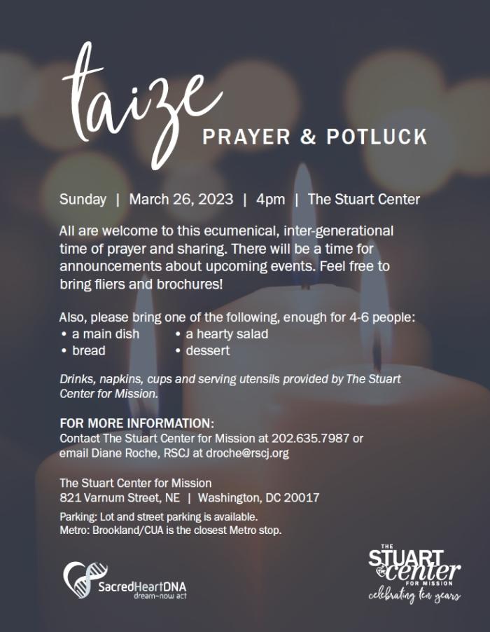 Flyer for Taizé Prayer and Potluck  Sunday | March 26, 2023 | 4pm | The Stuart Center