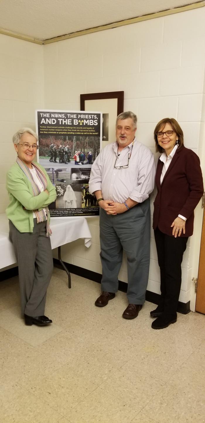 Diane Roche, rscj, Bill Hobbs, and Helen Young at the screening of “The Priests, the Nuns and the Bomb”