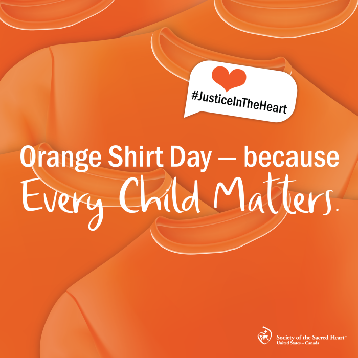 Background of overlapping images of orange t-shirts with the words  "Orange Shirt Day - because Every Child Matters."  